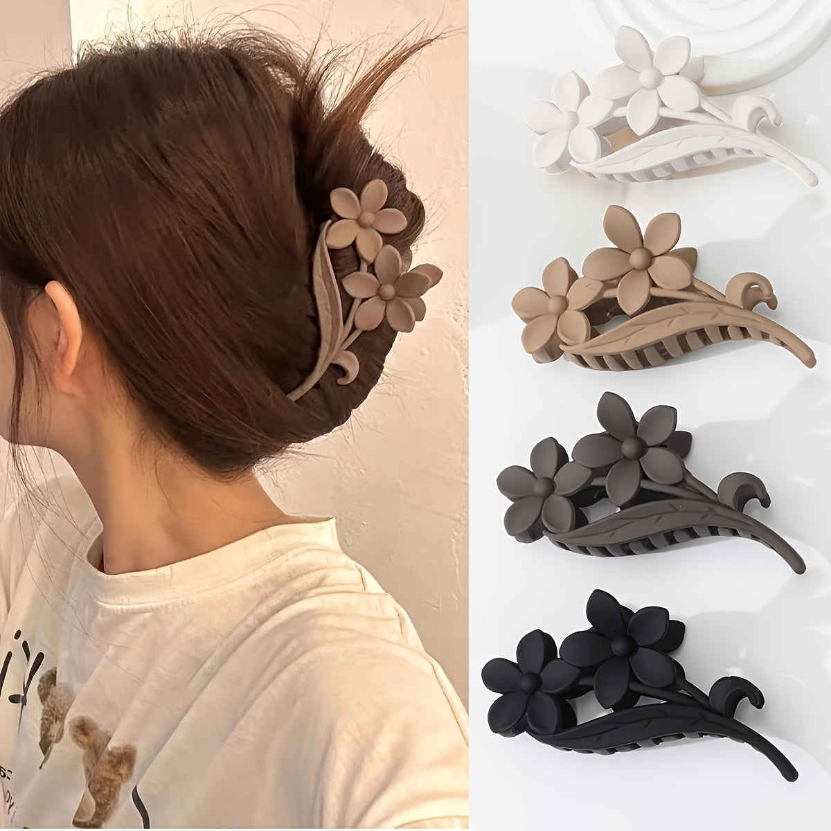TEMU 4pcs Set Vintage Matte Floral Hair Claw Clips - Non-slip, For Thick & Curly Hair - Casual Attire