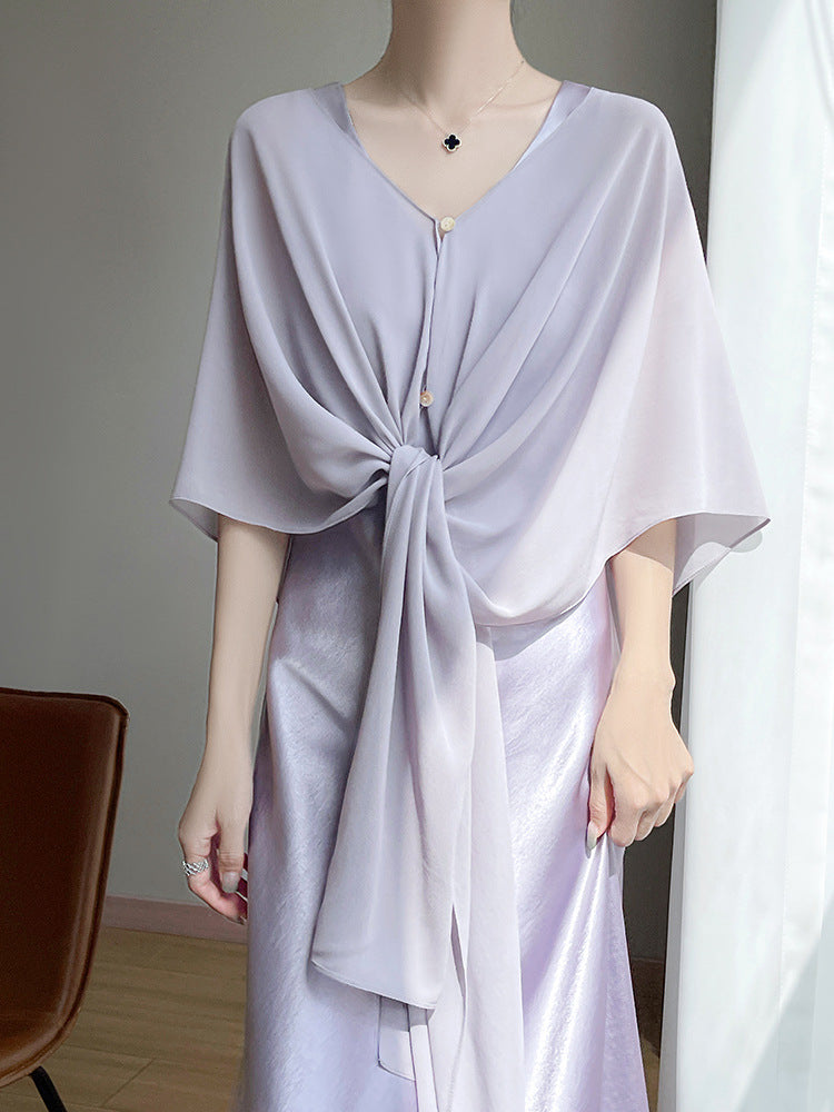 K1394 25 Summer new georgette thin style multi-wear sunscreen shawl female design sense all-match solid color outerwear cardigan top