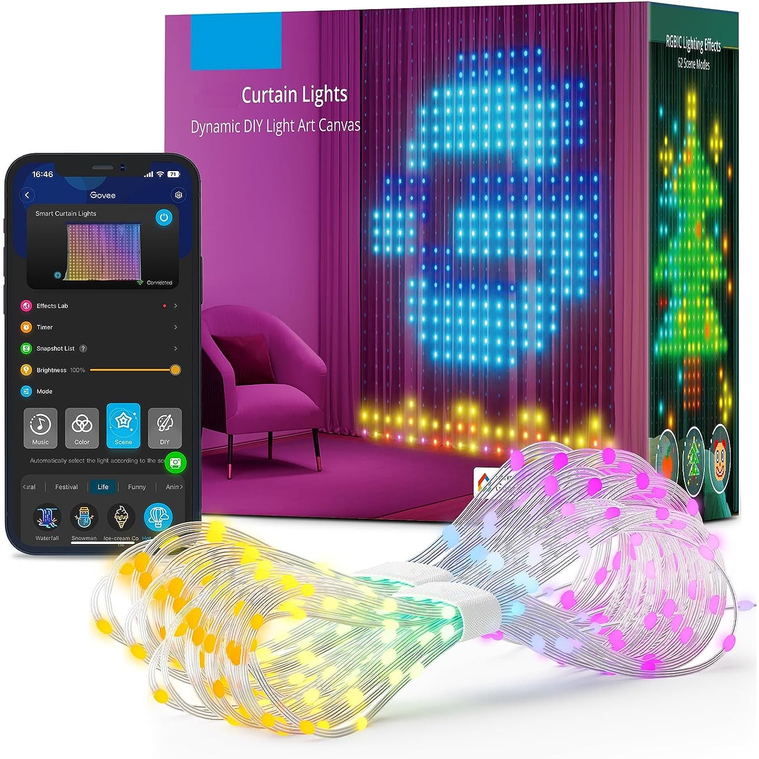 400 LED Smart Curtain Lights, DIY Programming App Remote Control RGB Fairy String Lights, Smart LED Curtain Lights, Color Changing Wall Lights, Dyna