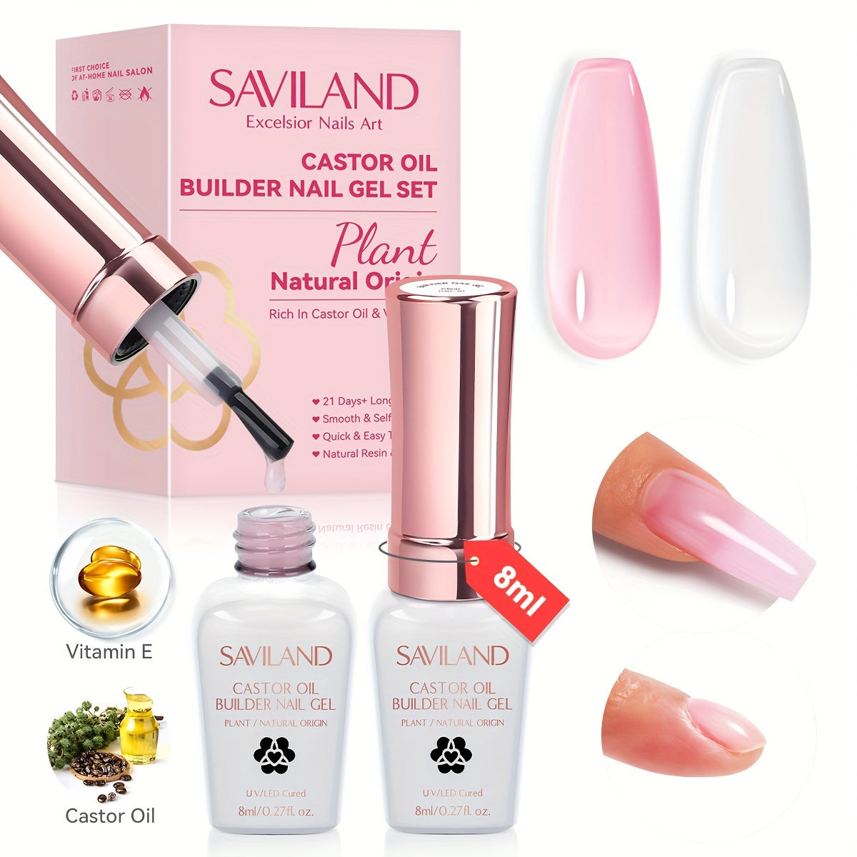 TEMU Saviland Builder Nail Gel: Clear Builder For Nail Thickening Castor Oil Vitamin E Extension Gel Strengthener Gel Led Nail Lamp Cured Hard Gel