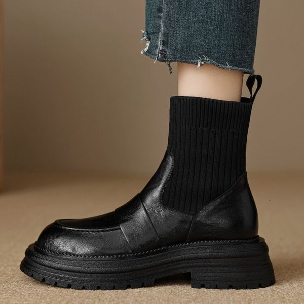 Designer Small, soled, thick heel, knitted and spliced slim one foot socks boots, versatile round toe short tube Martin boots for women