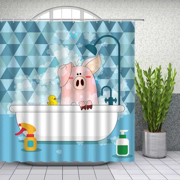 Interesting bath pig duck shower curtain cartoon animal alpaca dinosaur childrens bathroom decoration fabric with hooks bathroom curtain W24