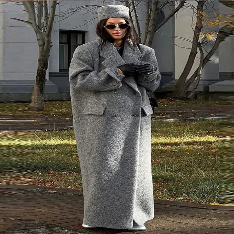 Fashion collar long jacket womens autumn and winter sleeping fashion pocket double chest 240918