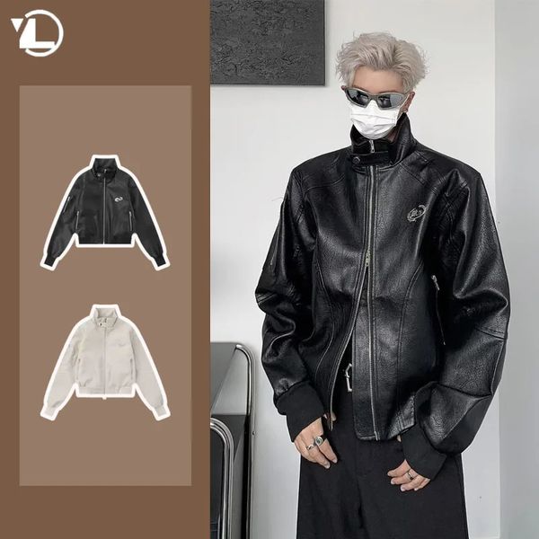 Punk Leather Jacket Mens Spring Standing Collar Trendy High Street Coats Y2k Streetwear Hip Hop Motorcycle Outwear 240716