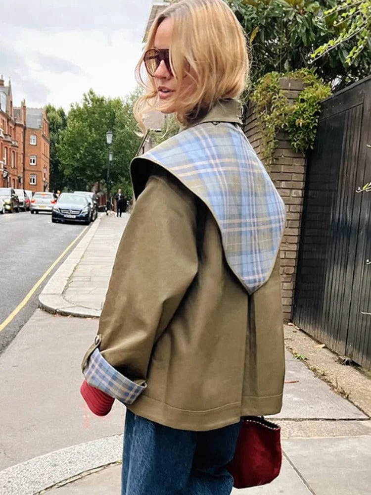 Plaid Shawl Green Cropped Trench Coat Women Doublesided Single Breasted Lapel Windbreaker Jacket Lady Autumn Street Outerwear 250902