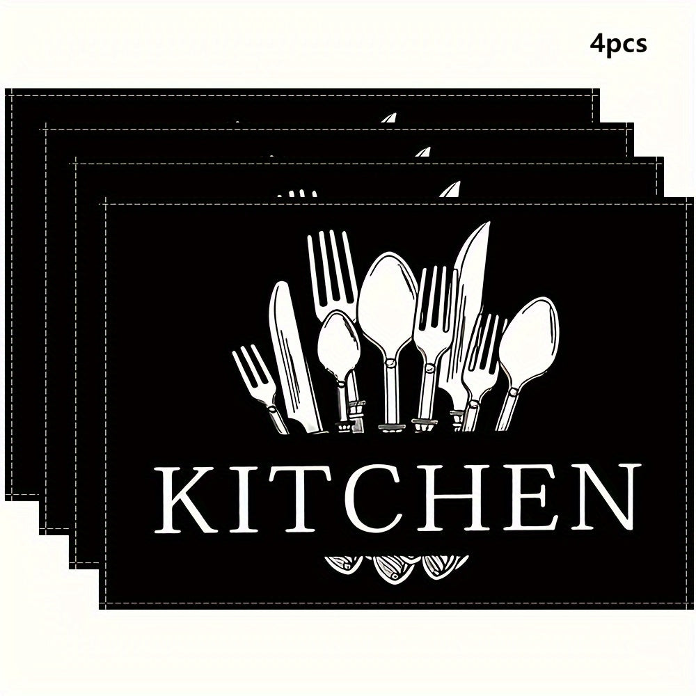 TEMU 4-pack Kitchen Placemats, Rectangular Polyester Table Mats, Home & Cafe Decor, Simple Utensil Print, Woven, Hand Wash Only