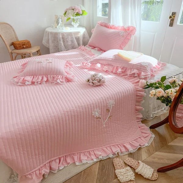 Solid Color High Quality Cotton Thicken Bed Cover Quilted Princess Bed Skirt Bed Sheet Bedspread Mattress Cover Pillowcases 240726