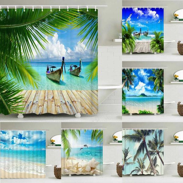 Beach Sea Palm Trees Shower Curtains Scenery Waterproof 3d Bathroom Curtains With Hooks Home Decoration Washable Bath Screen Y240815