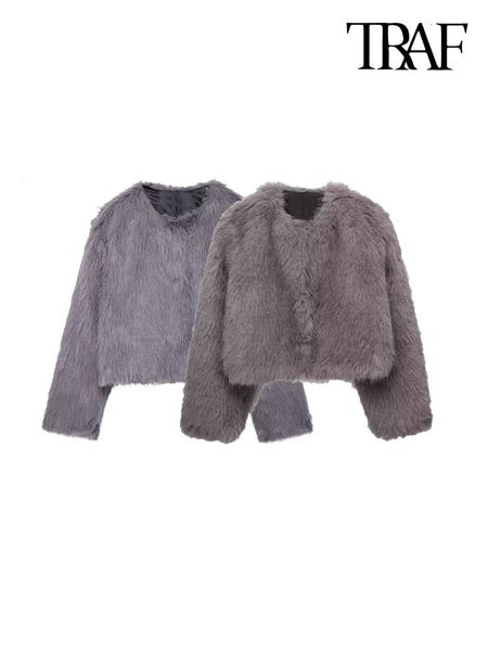 TRAFWomens Thick Warm Faux Fur Jacket Coat O Neck Long Sleeve Female Outerwear Chic Tops Fashion 241126