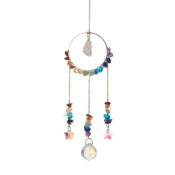 Chakra Gemstone Chips & Brass Ring Pendant Decorations