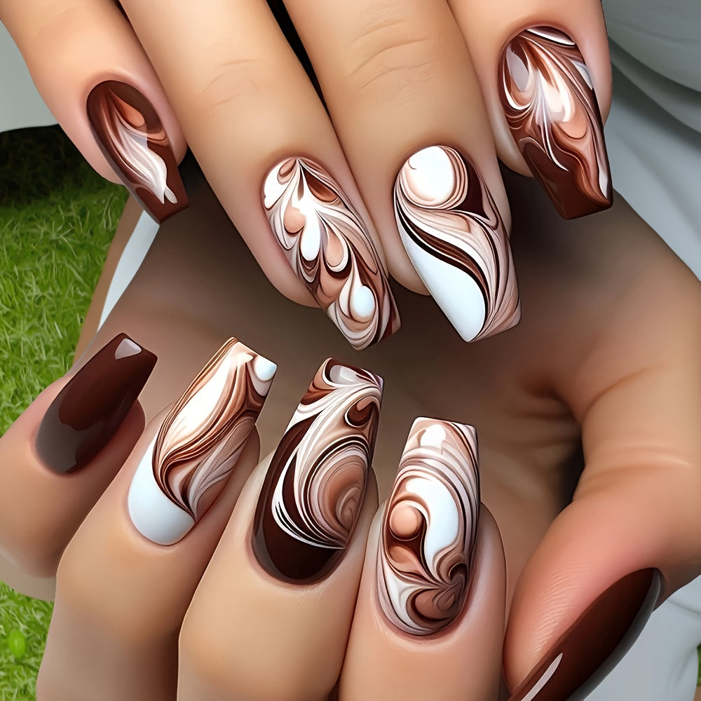 TEMU 24pcs Press-on Nails In Milky Marble Design - Glossy, Full Cover Ballet Fake Nails For Women & Girls, Easy To Apply & Remove, Nail Art, Nail Car