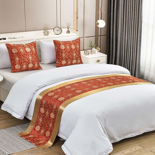Jacquard Bed Runner Red Peony Flower Bed Flag Throw Bedding Bedspread Hotel Room Bedding Bed Tail Towel Decorative Scarf Floral