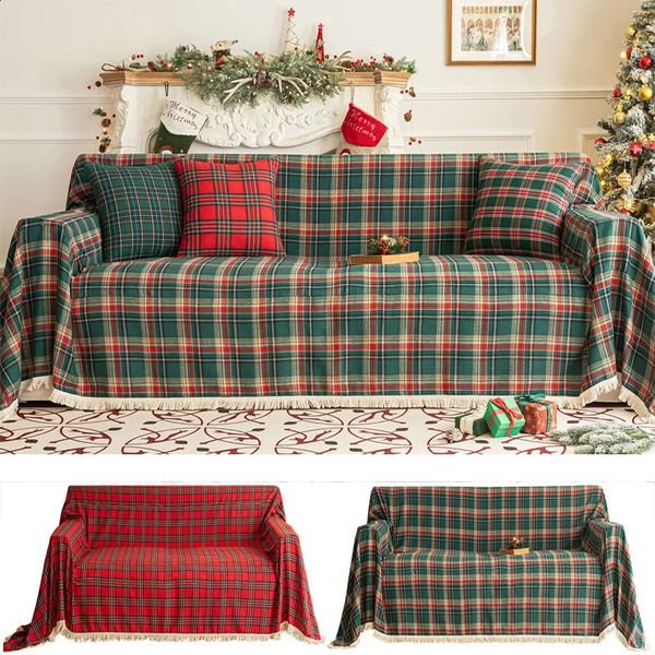 Christmas Plaid Couch Cover with Tassel Washable Sofa Covers Couch Furniture Protector Seat Slipcover Sofa Towel for Living Room 241223