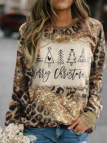 Women&#039;s Hoodies Sweatshirts Merry Christmas Sweatshirt for Women Leopard Tree Geometric Graphic Tshirts Glitter Pullover Funny Letter T