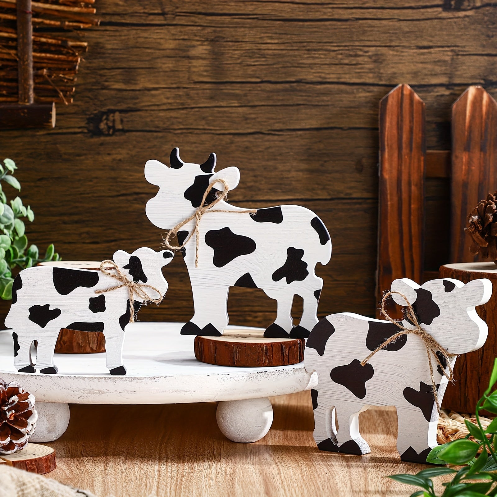 TEMU Farmhouse Style Wooden Cow Tabletop Decorations, Set Of 3, Seasonal Handcrafted Figurines For Layered Tray Display, Rustic Country Centerpiece