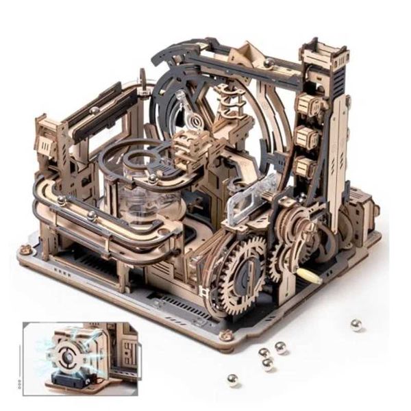 Model Building Kits Robotime Rokr Electric Model Kits Marble Spaceport 3D Puzzles Brain Teaser Wooden Puzzles Building Toy Gifts for Men-Wom