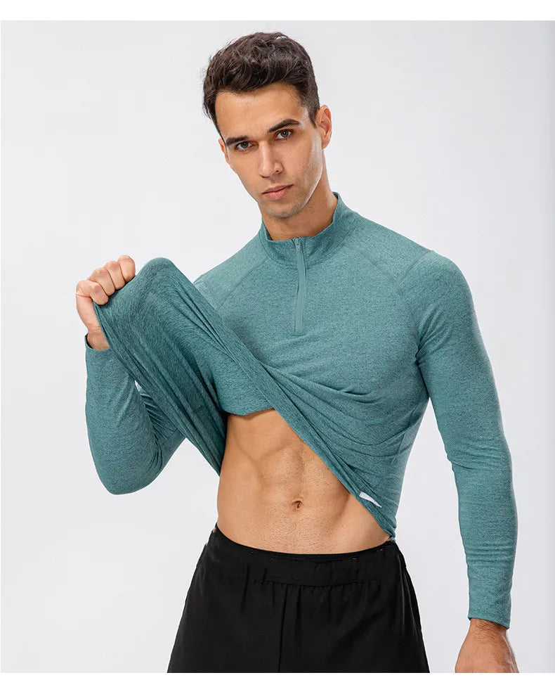 lu Men Long Sleeve Stand-up collar Polo Shirt Men High Elasticity Tights Running Fitness Training Quick Dry Gym Clothing Spring Autumn Top