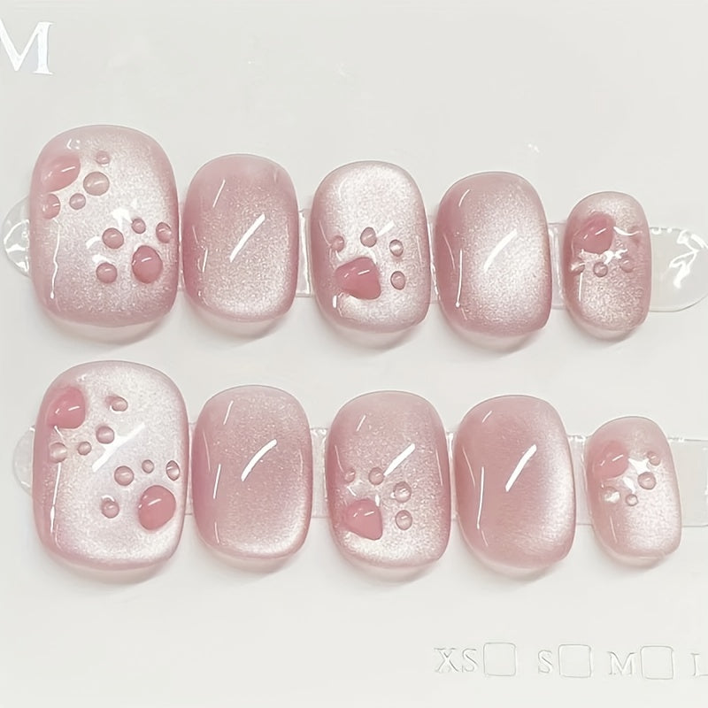 TEMU 30pcs Cat Paw Stickers Nails - Short Oval Glossy Pink Animal Print Nail Tips For And Fashionable Manicure