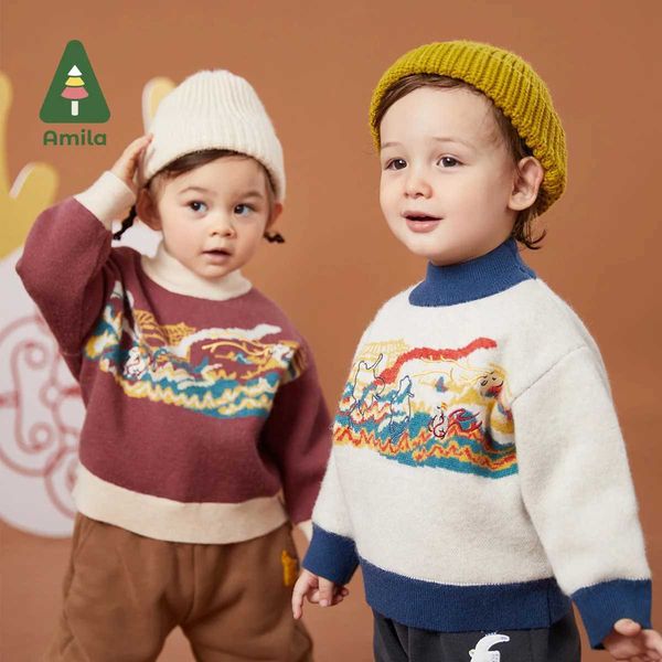 Pullover Amila suéteres bebê 2024 Inverno Novos meninos e meninas Round Necl Pullover Culture Clearth Pattern Clothing Fashion Sweater Casua