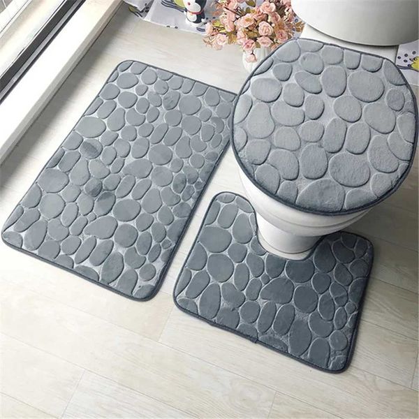 Set of 3 Bathro Bath Mat Set Soft Non Slip 2PCS Cobblestone Mat Bathro Rug Absorbent Shower Carpets Toilet Lid Cover Floor Z250211