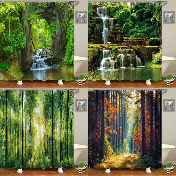 Modern 3D printing forest shower curtains green plant landscape with hooks bathroom curtains for bathroom waterproofing scenes 240830