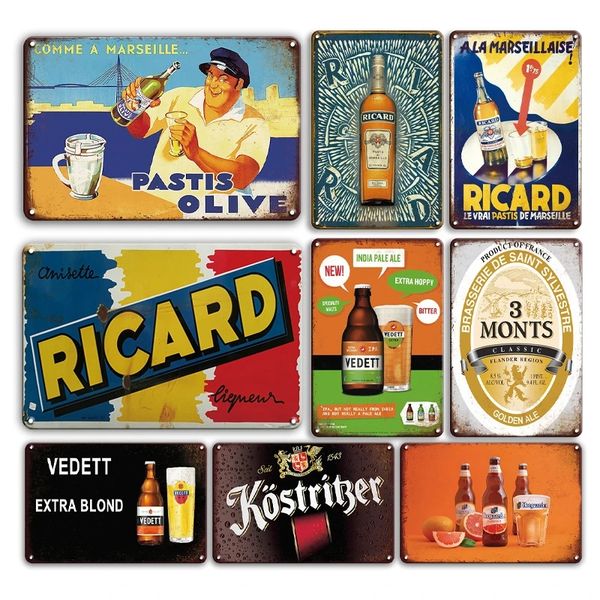 New Arrival Beer Brand Metal Painting Plate Sign Vintage Kitchen Bar Decor Plaque Cartel Metal Retro Ricard Tin Poster Cast Iron Signs 30X20