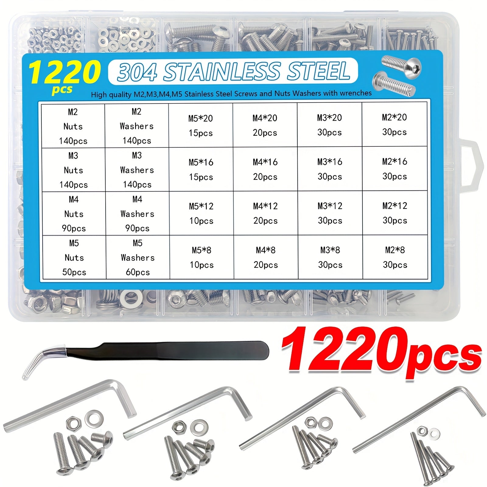 TEMU 1220pcs Stainless Steel Hex Bolts Screws Nuts Washers Assortment Kit, M2-m5 Size With Storage Box With 4 Hex Wrenches 1 Tweezers For Home