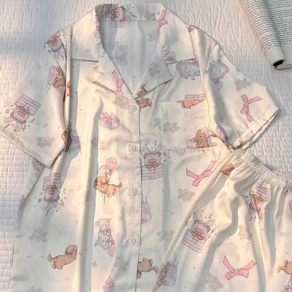 Sweet Kawaii Little Dog Bear Print Womens Pajamas Korean Cartoon Cute Harajuku Lounges Y2k 2024 New Summer Home SleepwearC241213