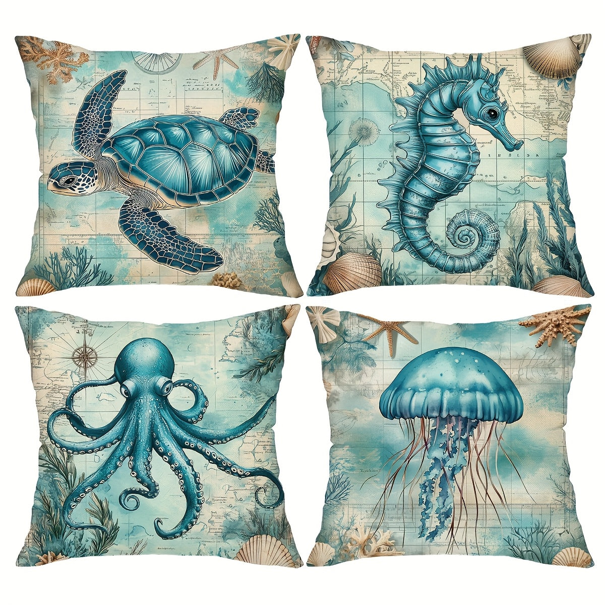 TEMU Set Of 4, Boho Retro Ocean Animal Throw Pillow Covers, Turtle Seahorse Printed Cushion Covers, Jellyfish Octopus Printed Home Decor Pillowcases,