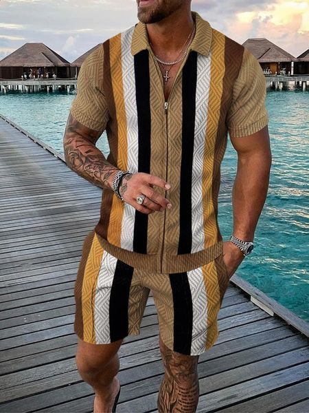 Summer Trend Casual Mens Tracksuit Set Fashion Retro 3D Print Zipper Collar Polo Shirt And Shorts Sets Oversized Pullover 240810