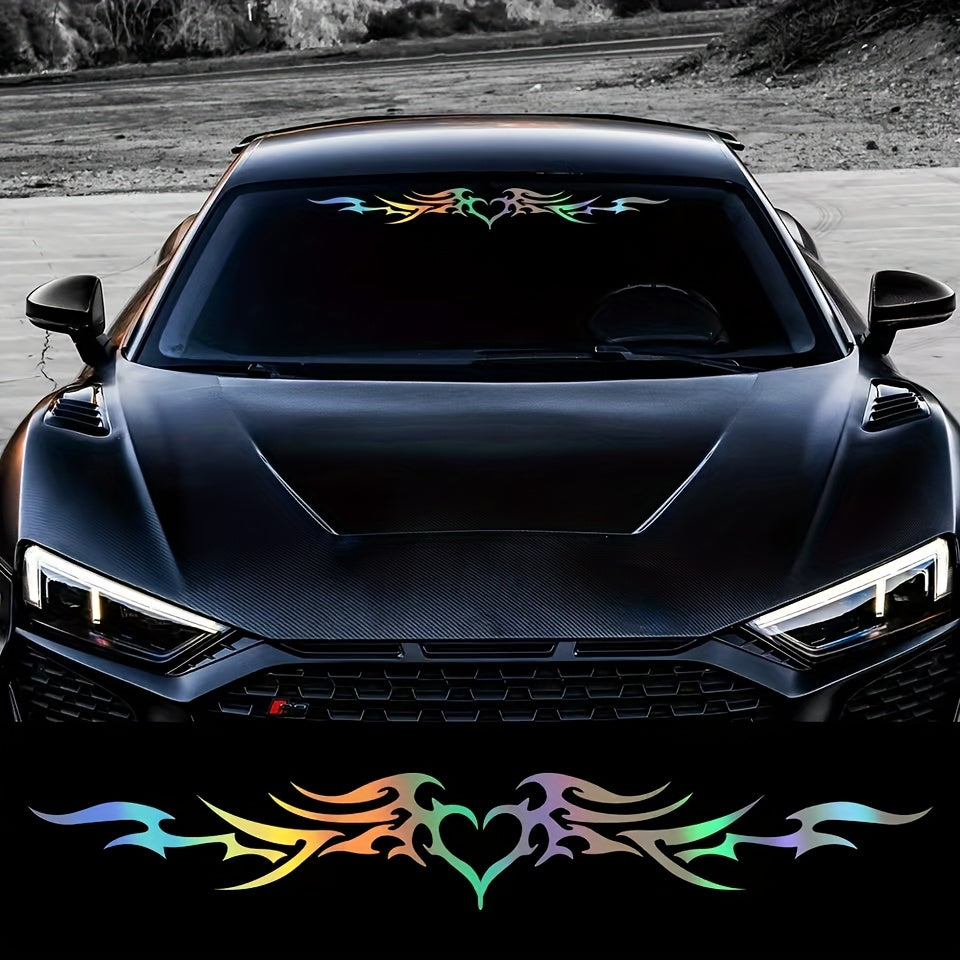 TEMU Vibrant Diy Heart Wing Vinyl Decal For Car Windshield - Colorful Flame Design, Self-adhesive, Glossy Finish, Front Installation, Use