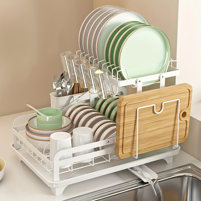 TEMU 1pc Large 2-tier Metal Dish Drying Rack With , Cups & Utensil Holders, Extra Drying Mat - Space-saving Kitchen Counter Organizer For Plates,