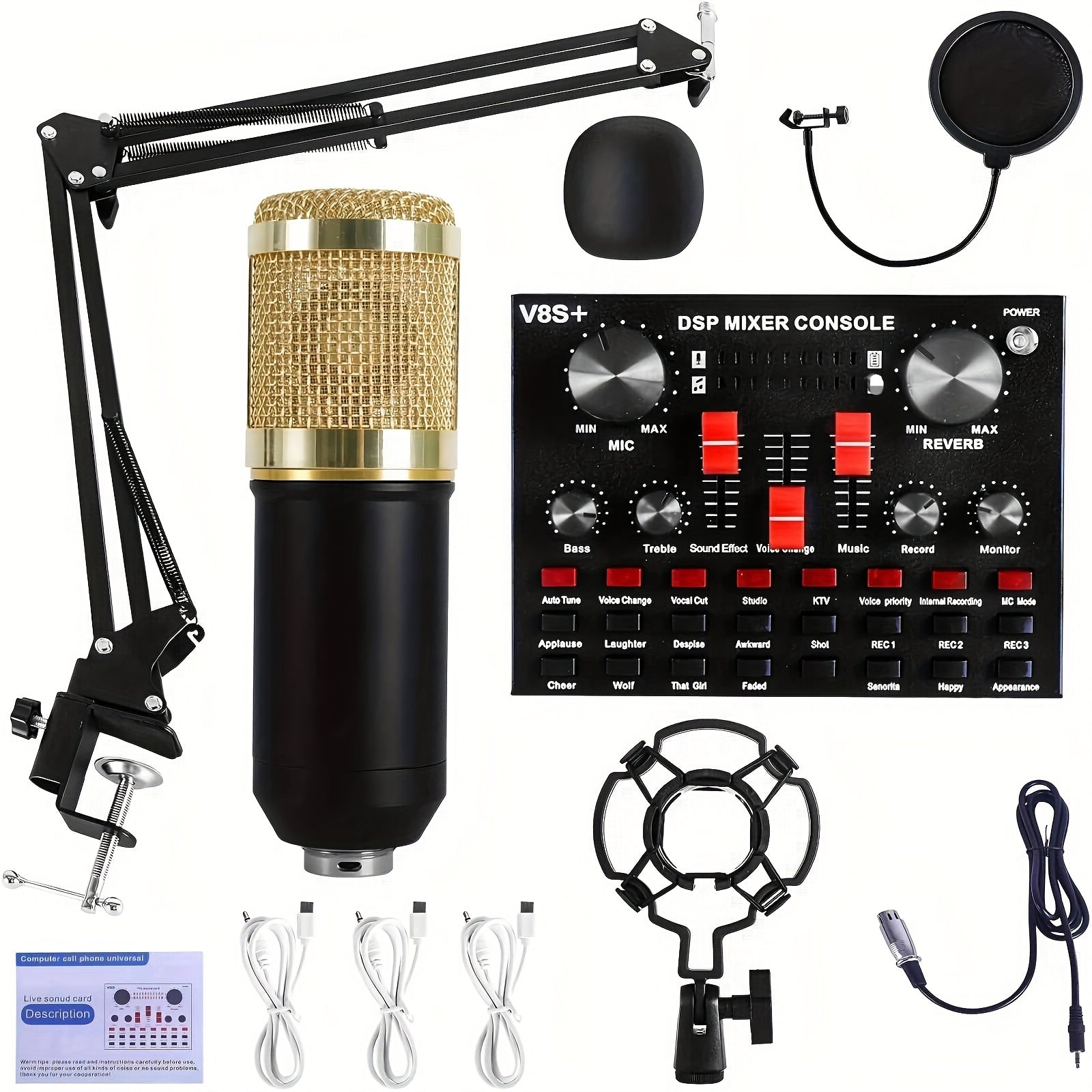 TEMU Podcast Microphone Bundle, Bm-800condenser Mic With Live Sound Card Kitpodcast Equipment Bundle With Voice Changerand Mixer Functions For Pc