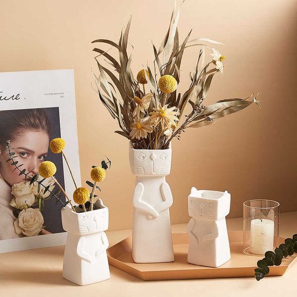 Vases White Ceramic Creative Vase Cat Model Living Room Decoration Flower Pots Decorative Nordic Flower Vase Decoration Home Gifts P230411