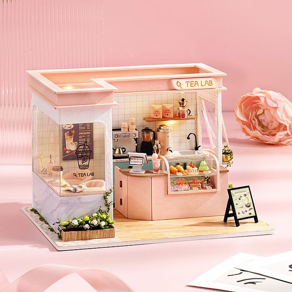 Doll House Acessórios Diy Kit em miniatura Diy Wood Dollhouses Furniture Tea Station Building com brinquedos de poeira para crianças present