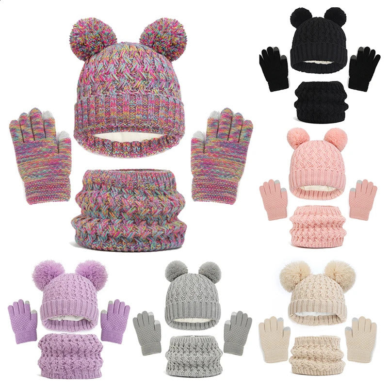 Cashmere Winter Baby Hat Gloves Scarf Set Fleece Warmer Scarves Thick Knitting Hats Boy Girl Cute Pompom Kids Beanie 240930