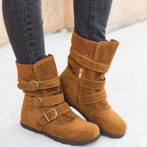 Women Round Toe Ankle Boots Zipper Buckle Strap Flat Shoes Winter Keep Warm Thicken Comfort Snow Boots Waterproof Botas mujer