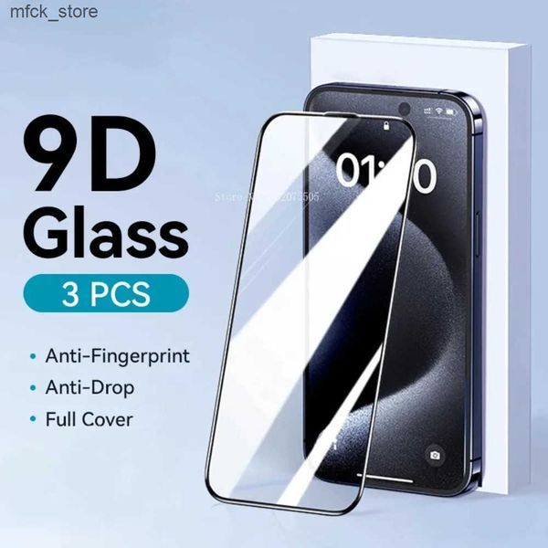 Cell Phone Protectors 3Pcs 9D Screen Protector 16 15 14 11 Pro 13 12 Mini Tempered Glass for iPhone X XR XS Max 7 8 Plus J241202