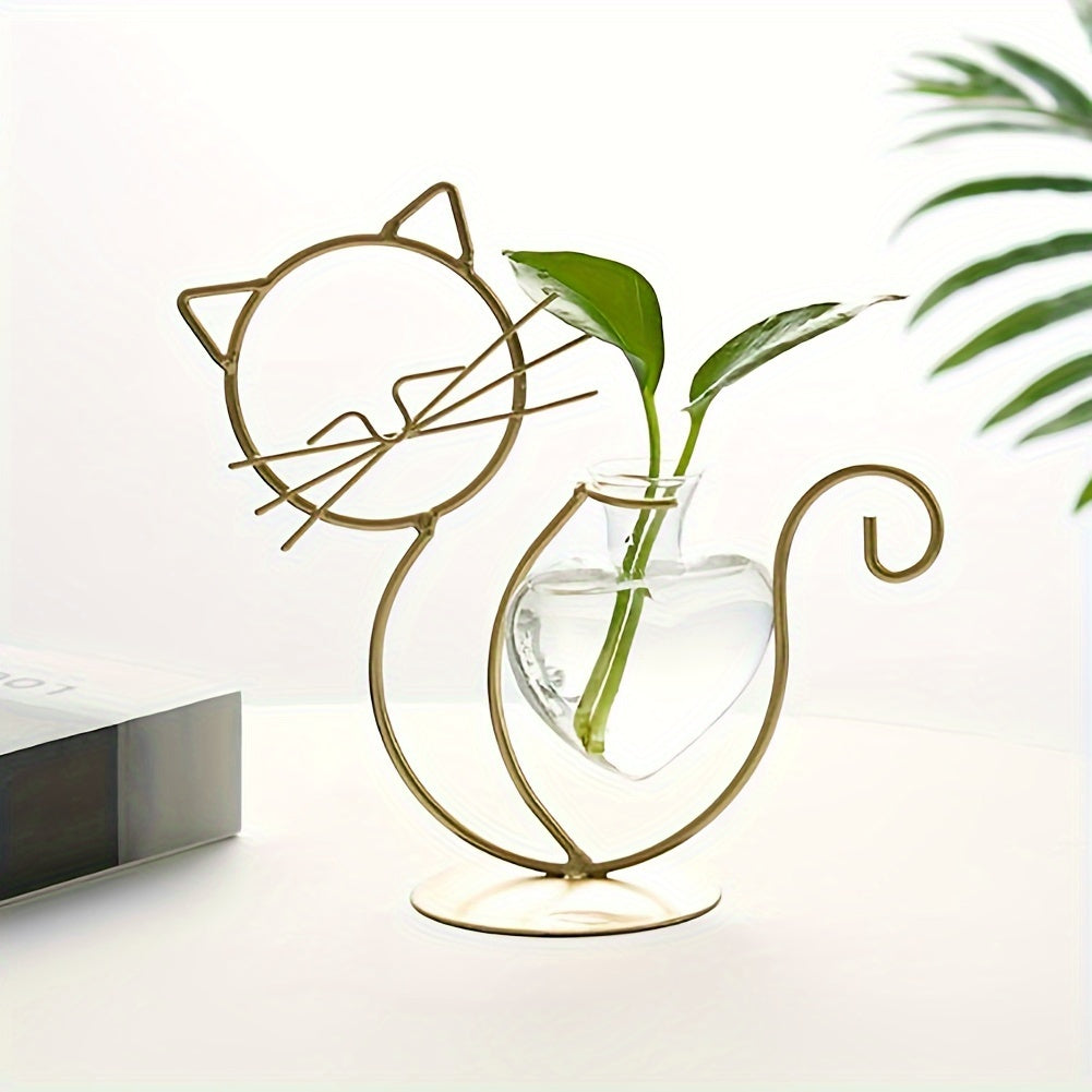TEMU Cat Plant Vases Heart-shaped Small Glass Flower Vase With Golden Metal Plant Holder For Home Wedding Decor-desktop Glass Planter Vase Holder,