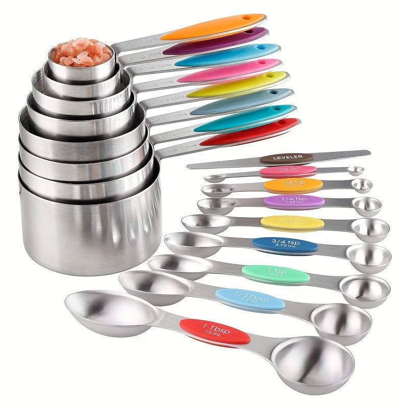 TEMU 8-17pcs, Colorful Measuring Cups Set, Stainless Steel Measuring Spoons, For Dry And Liquid , Baking Tools, Kitchen Gadgets, Kitchen Accessories,