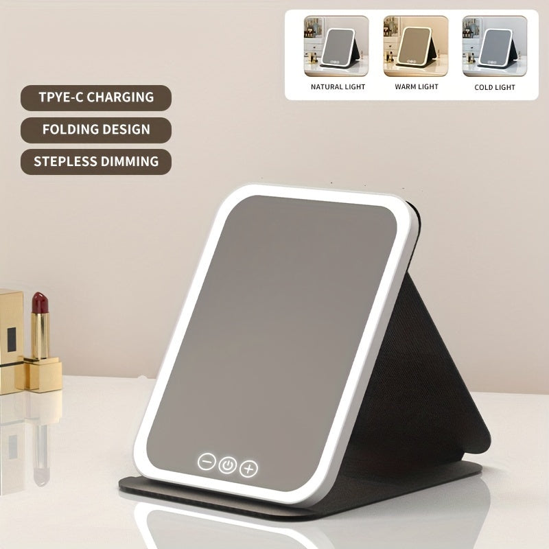 TEMU Makeup Mirror With Lights, Portable Folding Lighted Beauty Mirror, 3 Color Lighting, Dimmable Touch Screen, Rechargeable Tabletop Led Cosmetic