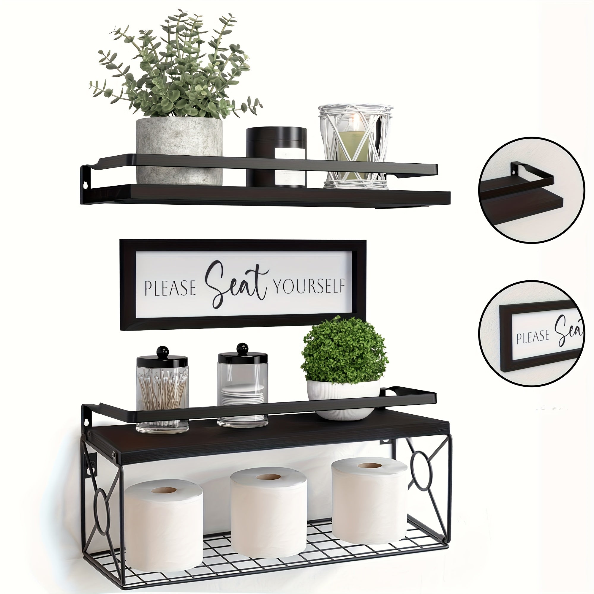 TEMU Floating Shelves For Wall Decor Bathroom Shelves With Metal , Floating Shelves Over Toilet With Storage Basket, Floating Wall Shelves For