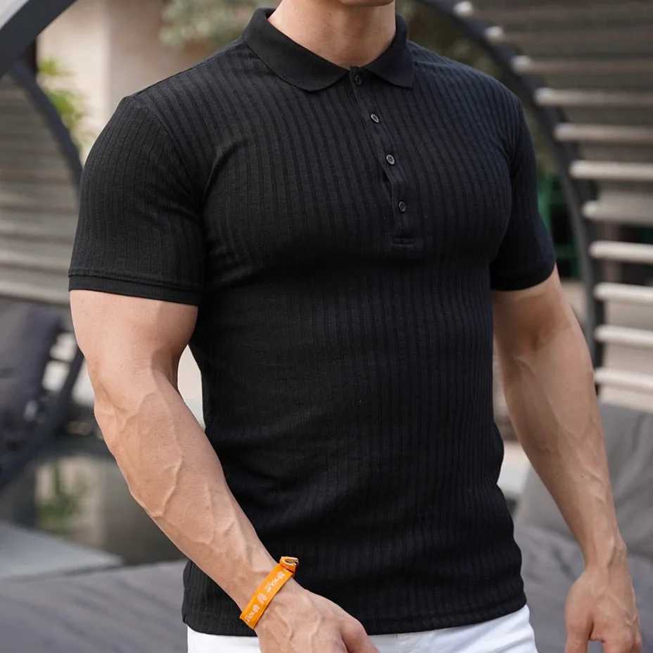 New Summer Mens Pole Solid Color Striped Fitness Short Sleeve Polo Shirt Mens Fashion Stand Collar Mens Shirt TextureX240920