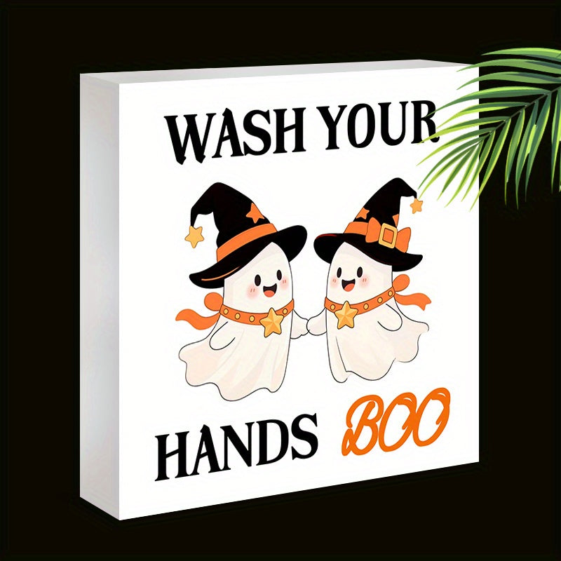 TEMU 1pc Halloween Decoration - Cute In Hats With "wash Your Hands Boo" Text - Bathroom, Desk, Party Decor - No Electricity Needed - Ideal Halloween