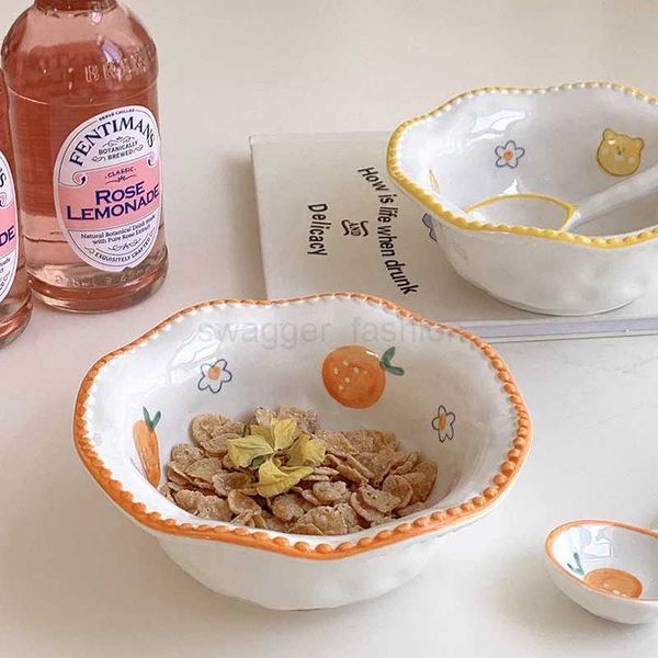 Kawaii Strawberry Fruit Bowl and Spoon Cute Ceramic Orange Noodle Breakfast Salad Rice Creative Bowl Korean Utensils for KitchenB270723