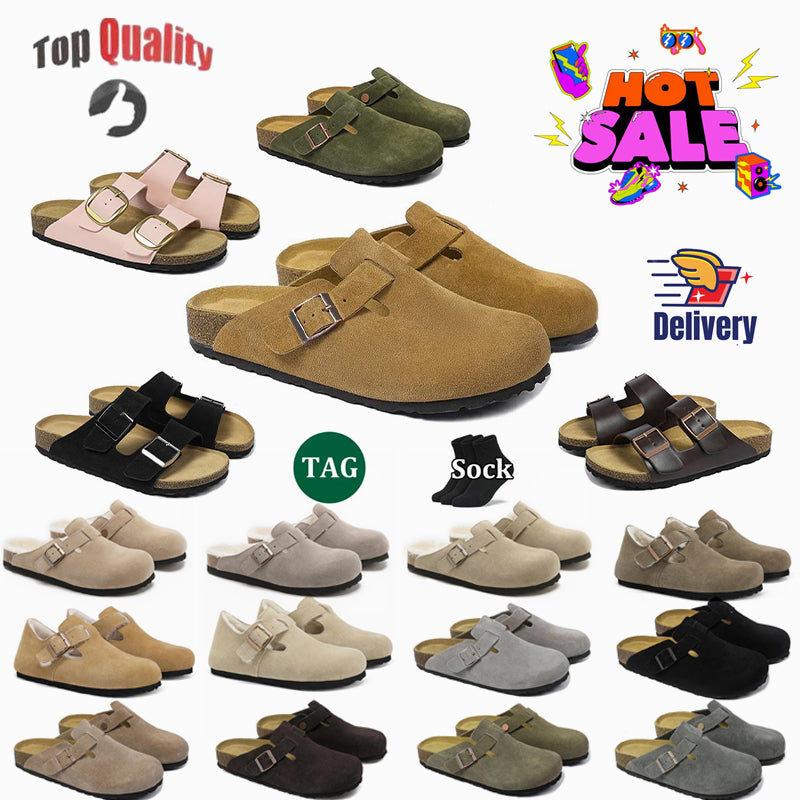 Boston Clogs designer sandals Arizona soft footbed Suede HOT Shearling slippers men women blue flat summer leather slides beach Germany white black