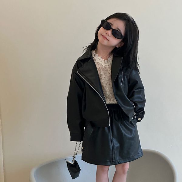 Fashion PU clothing girls zipper lapel long sleeve locomotive jacket skirts 2pcs sets 2024 autumn children soft leather outfits S2238
