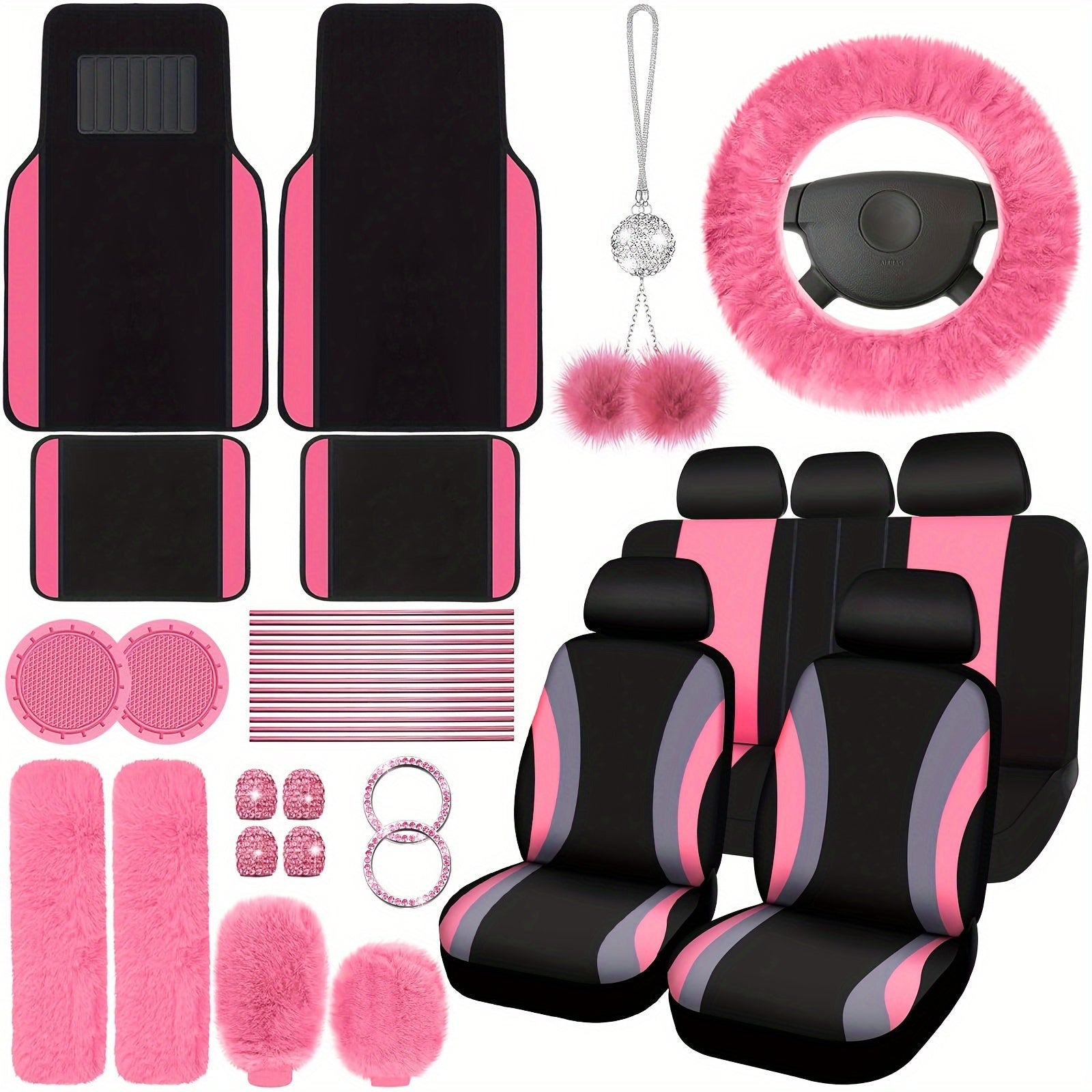 TEMU 47 Car Seat Cover Full Set Car Seat Covers For Car Front Rear Seat Cover Fluffy Steering Wheel Cover Seat Belt Automotive Floor Mats Car Air