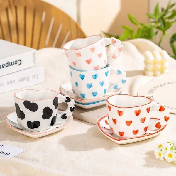 Creative and cute girl heart-shaped coffee cup hand-painted sauce love ceramic cup afternoon tea cup girl holiday gift Y240102