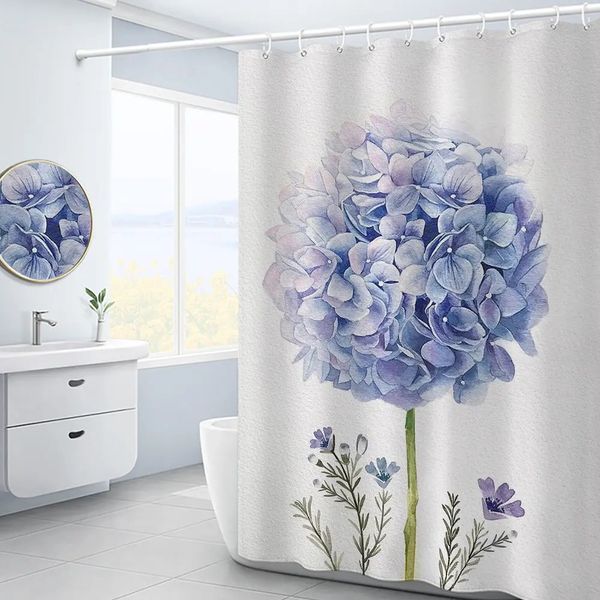 Shower Curtains Purple Hydrangea Flower White Shower Curtain Landscape 3D Green Plant Waterproof Polyester Bathroom Curtains Bath Screen Dec